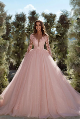 Blushing pink v-neck applique A-line wedding dress