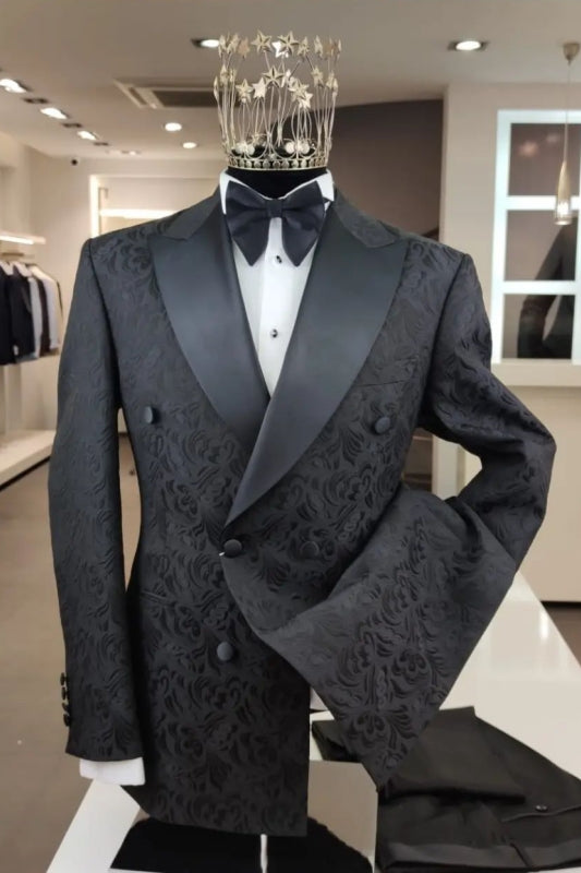 Modern Black Jacquard Double-Breasted Prom Suit
