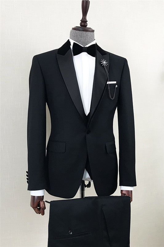 Modern Black Peaked Lapel One-Button Suit for Men