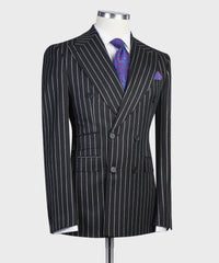 Modern Black Striped Double Breasted Peak Lapel Business Suits for Men