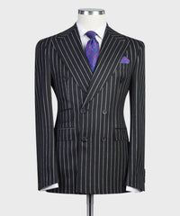 Modern Black Striped Double Breasted Peak Lapel Business Suits for Men