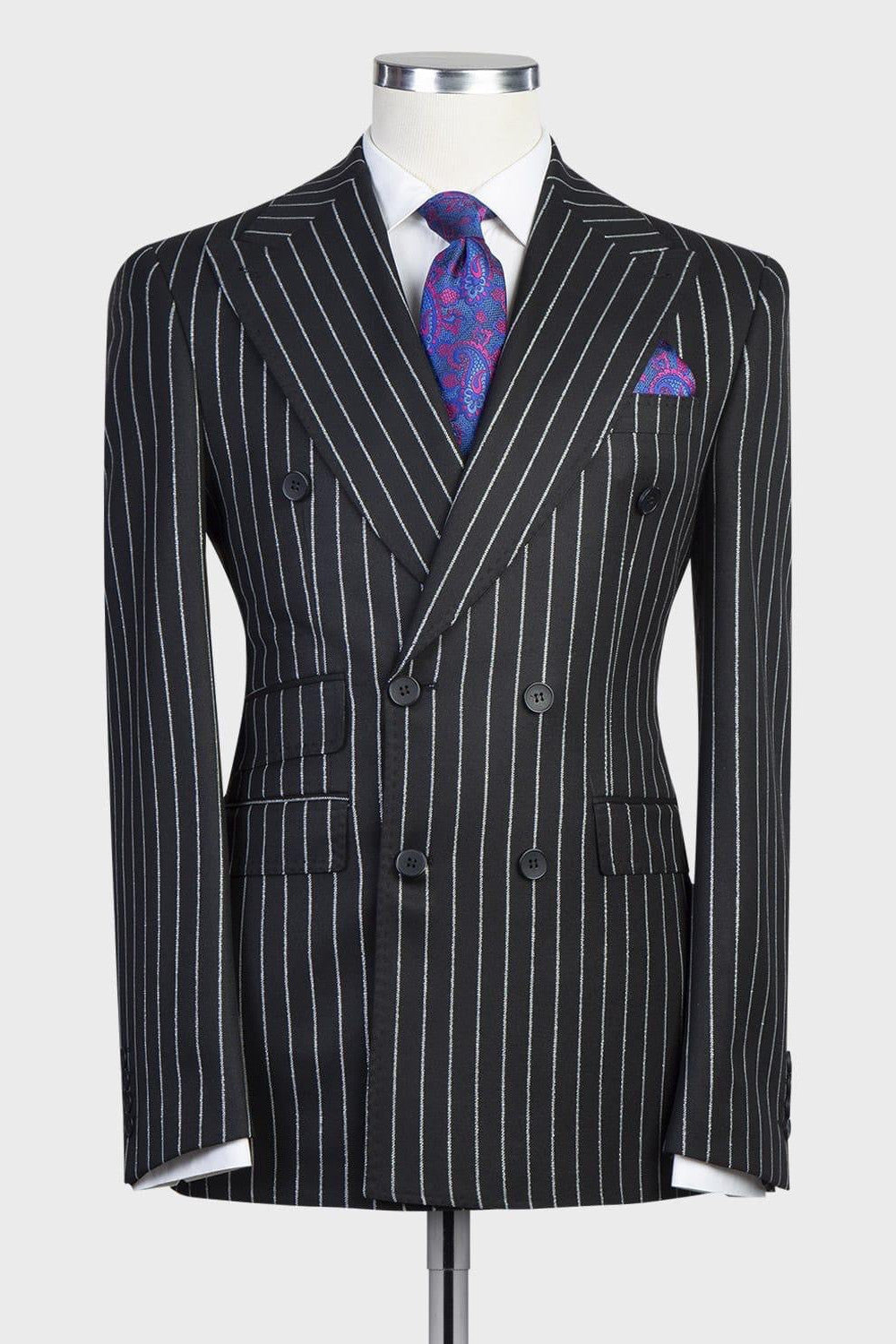 Modern Black Striped Double Breasted Peak Lapel Business Suits for Men