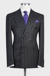 Modern Black Striped Double Breasted Peak Lapel Business Suits for Men