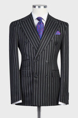 Modern Black Striped Double Breasted Peak Lapel Business Suits for Men
