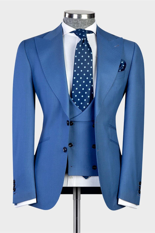 Modern Blue 3-Piece Peaked Lapel Business Men’s Suit
