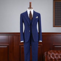 Modern Blue Plaid Three Pieces Slim Fit Business Suit