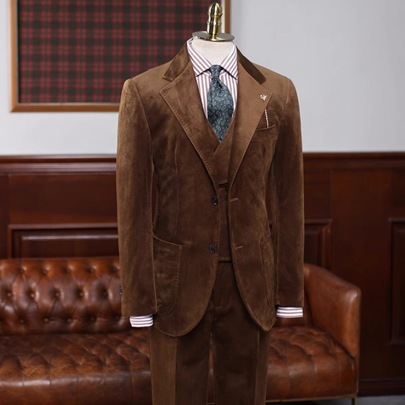 Modern Brown Notched Lapel Three-Piece Velvet Prom Suit