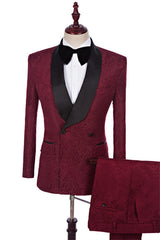 Modern Burgundy Shawl Lapel Jacquard Two-Piece Suit for Men