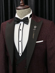 Modern Burgundy Three-Piece Jacquard Peaked Lapel Men’s Wedding Suits