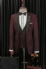 Modern Burgundy Three-Piece Jacquard Peaked Lapel Men’s Wedding Suits