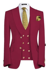 Modern Burgundy Three-Piece Peaked Lapel Prom Ensemble