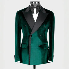 Modern Dark Green Double-Breasted Velvet Peaked Lapel Prom Suit