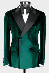 Modern Dark Green Double-Breasted Velvet Peaked Lapel Prom Suit