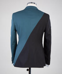 Modern Dusty Blue and Black Double-Breasted Prom Suit with Peaked Collar
