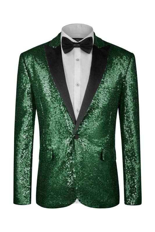 Modern Forest Green Peaked Lapel Sequined Prom Suit