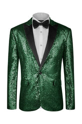 Modern Forest Green Peaked Lapel Sequined Prom Suit