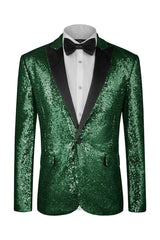 Modern Forest Green Peaked Lapel Sequined Prom Suit