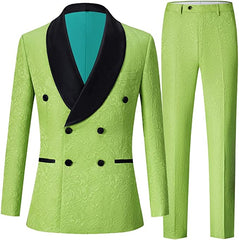 Modern Green Double Breasted Jacquard Groom's Suit With Black Velvet Collar