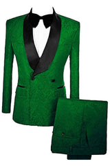 Modern Green Double Breasted Jacquard Groom's Suit With Velvet Lapel