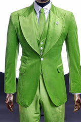 Modern Green Peak Lapel Three-Piece Velvet Prom Suits