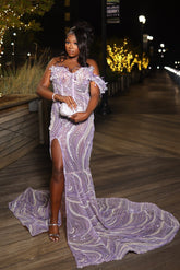 Modern Lilac Mermaid Beading Sleeveless Long Prom Dress with Slit