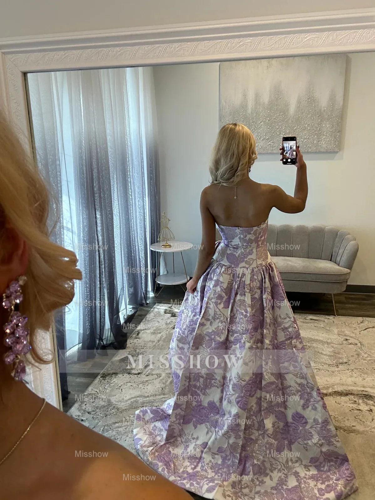Modern Long A-line Floral Strapless Prom Dress with Bow