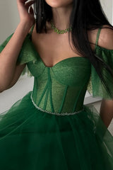 Modern Long A-line Green Off-the-shoulder Tulle Sweetheart Prom Evening Dresses with Glitter