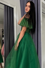 Modern Long A-line Green Off-the-shoulder Tulle Sweetheart Prom Evening Dresses with Glitter