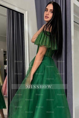 Modern Long A-line Green Off-the-shoulder Tulle Sweetheart Prom Evening Dresses with Glitter