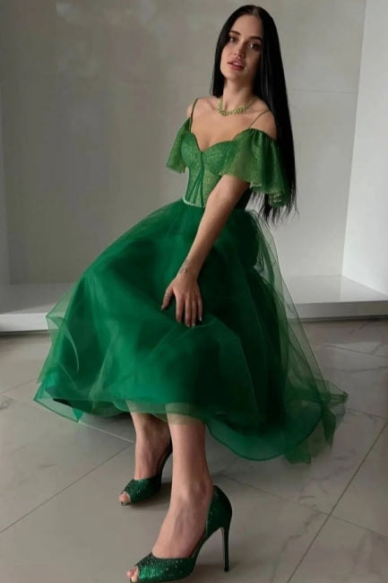 Modern Long A-line Green Off-the-shoulder Tulle Sweetheart Prom Evening Dresses with Glitter