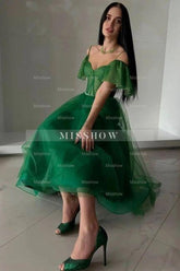 Modern Long A-line Green Off-the-shoulder Tulle Sweetheart Prom Evening Dresses with Glitter