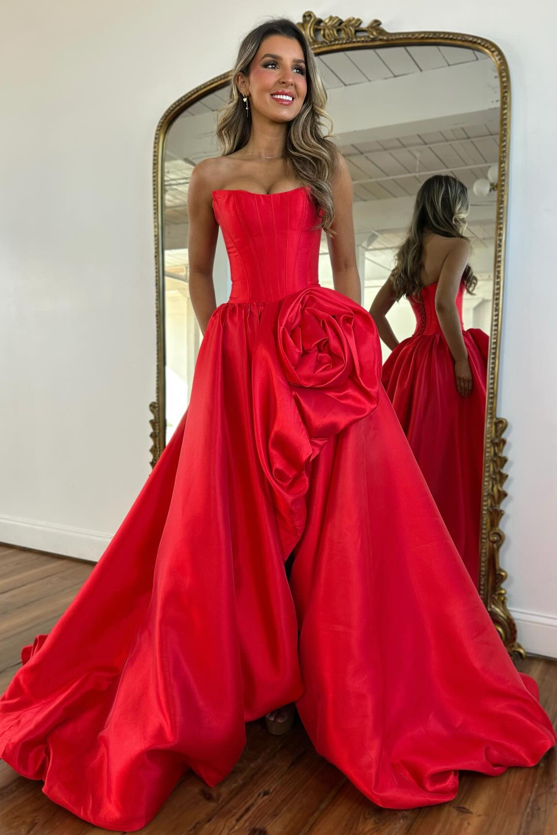 Modern Long A-line Red Strapless Prom Dress with Slit and Ruffles Modern Long A-line Red Strapless Prom Dress with Slit and Ruffles
