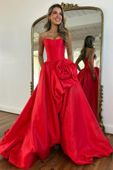 Modern Long A-line Red Strapless Prom Dress with Slit and Ruffles