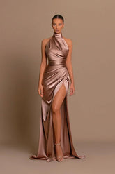 Bronze high neck split-front A-line prom dress