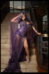 Modern Long Grape Mermaid Sleeveless Lace Prom Dress with Slit and Veil