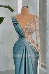 Modern Long Mermaid V-neck Lace Rhinestones Satin Long Sleeve Prom Evening Dresses