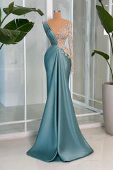 Modern Long Mermaid V-neck Lace Rhinestones Satin Long Sleeve Prom Evening Dresses