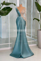 Modern Long Mermaid V-neck Lace Rhinestones Satin Long Sleeve Prom Evening Dresses