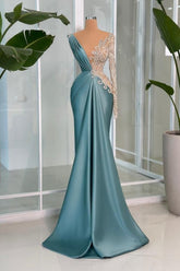 Modern Long Mermaid V-neck Lace Rhinestones Satin Long Sleeve Prom Evening Dresses