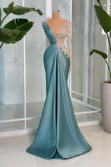 Modern Long Mermaid V-neck Lace Rhinestones Satin Long Sleeve Prom Evening Dresses