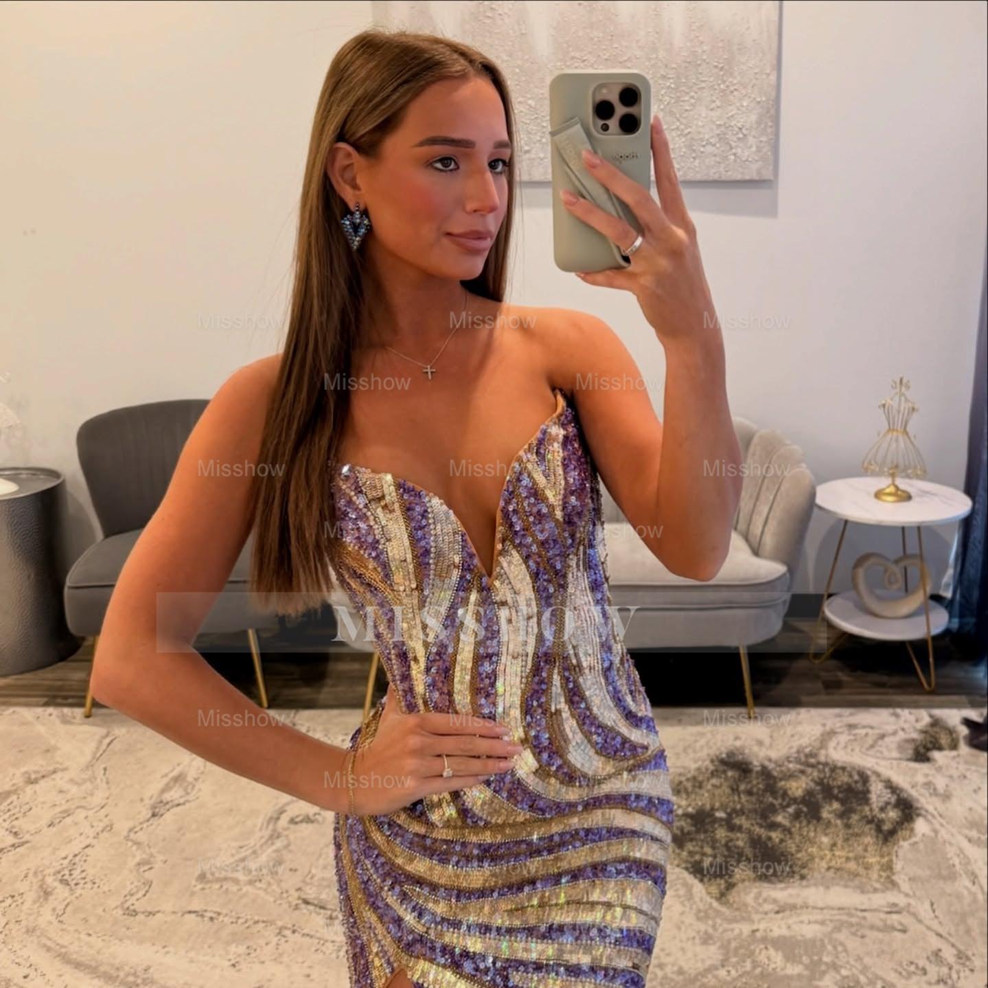 Modern Long Mermaid V-neck Strapless Sequined Prom Dress with Slit