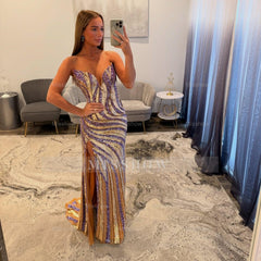 Modern Long Mermaid V-neck Strapless Sequined Prom Dress with Slit