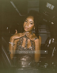 Modern Long Steel Grey High Neck Sleeveless Mermaid Prom Dress with Rhinestones