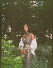 Modern Long Steel Grey High Neck Sleeveless Mermaid Prom Dress with Rhinestones