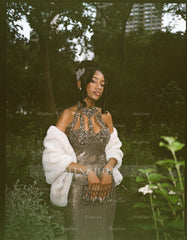 Modern Long Steel Grey High Neck Sleeveless Mermaid Prom Dress with Rhinestones