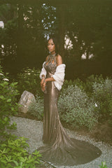 Modern Long Steel Grey High Neck Sleeveless Mermaid Prom Dress with Rhinestones