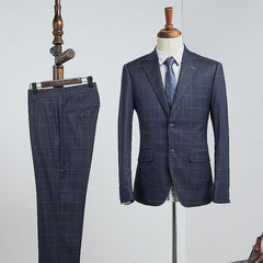 Modern Navy Blue Plaid Two Pieces Slim Fit Business Suit