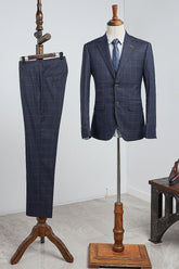 Modern Navy Blue Plaid Two Pieces Slim Fit Business Suit