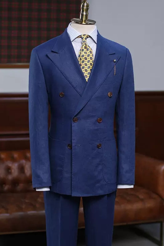 Modern Navy Double-Breasted Peaked Lapel Prom Suit