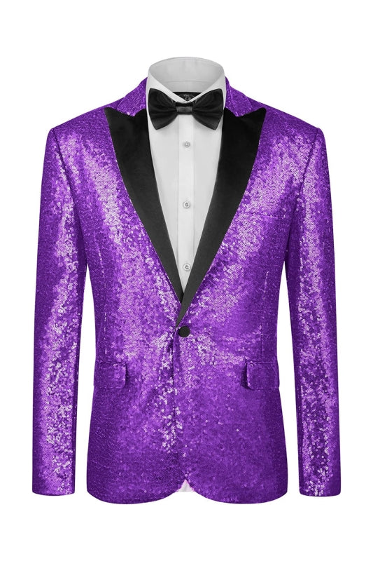 Modern Purple Peaked Lapel Sequined Prom Suit for Men